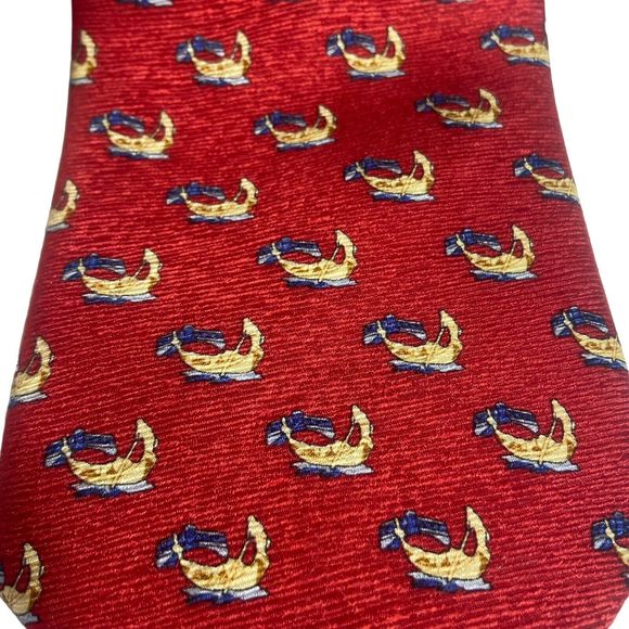 Men's Fashionable 100% Silk Red Necktie Tie Made in Italy Greek Argo Ship Print - Picture 2 of 7